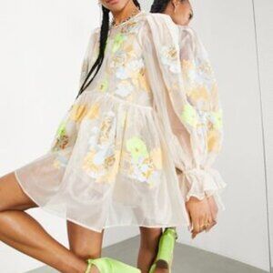 SUPER CUTE SMOCK 2 PIECE  MINI DRESS IN ORGANZA  EMBROIDERED NEON FLORAL